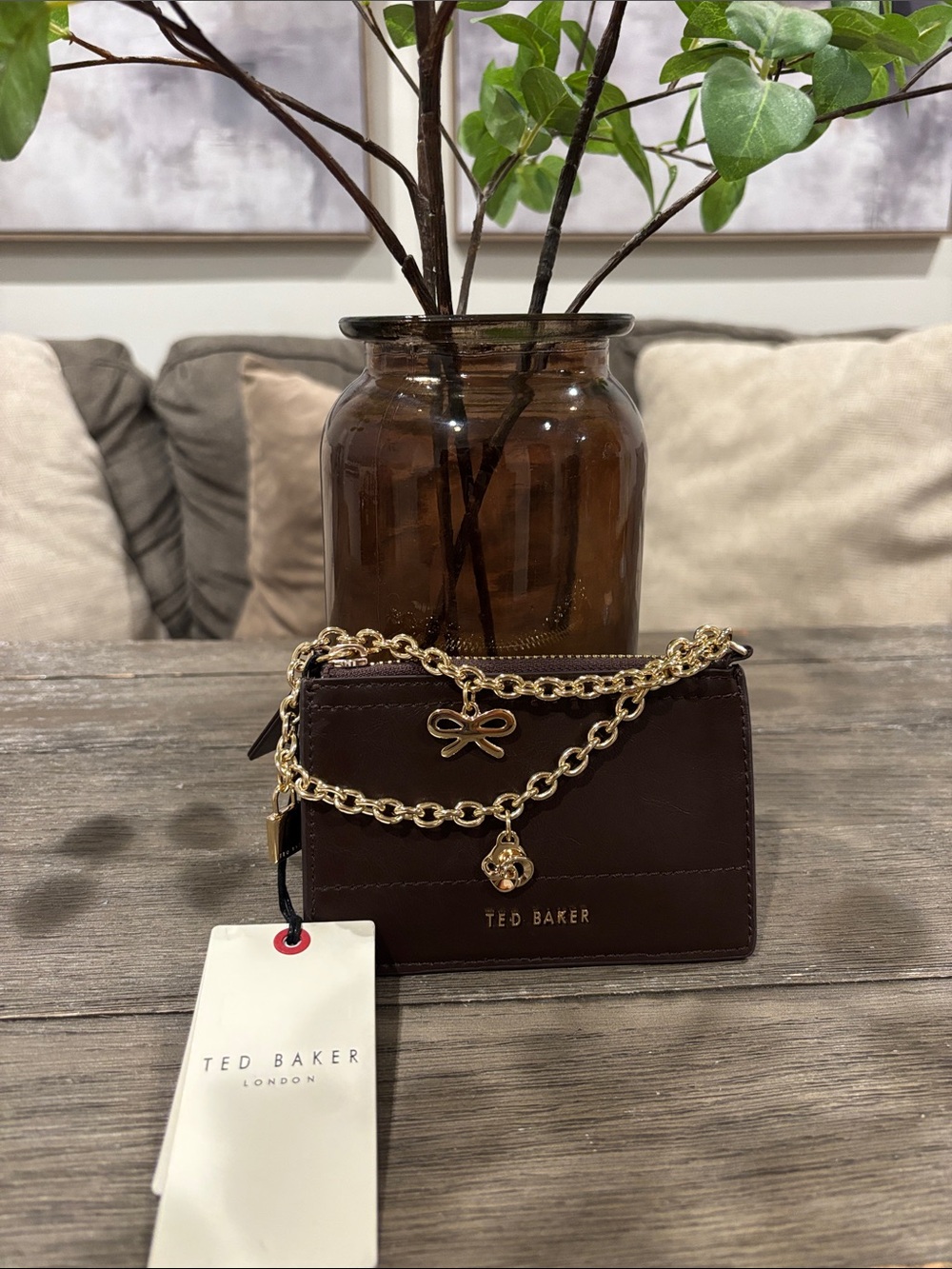 Ted Baker Brown Leather Mini Chain Cardholder Crossbody